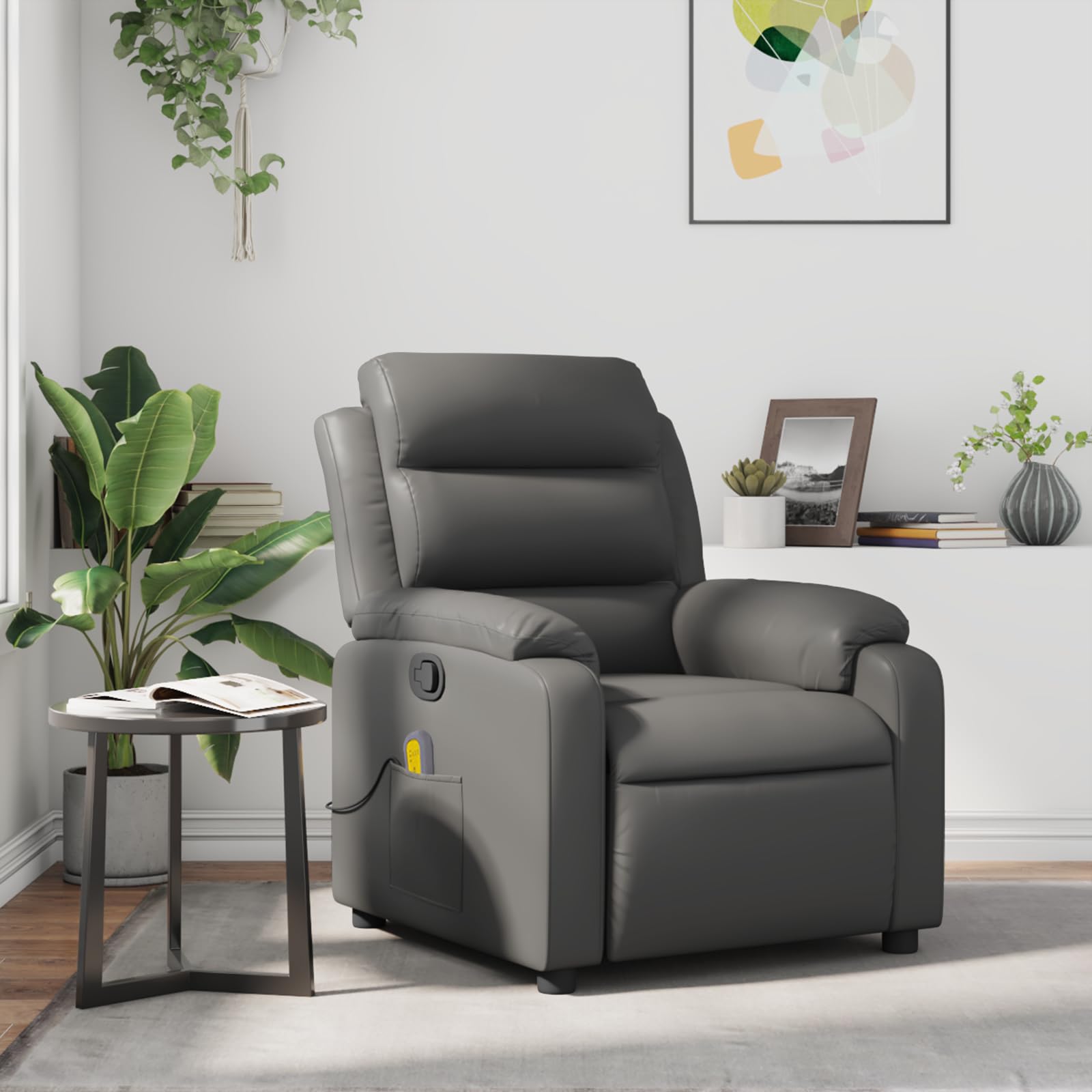 vidaXL Massage Recliner Chair with 6-Point Vibration Massage and Convenient Side Pocket, Grey Leather Rocker, Adjustable Backrest & Footrest Lounge Seat for Living Room, USB Charge Port